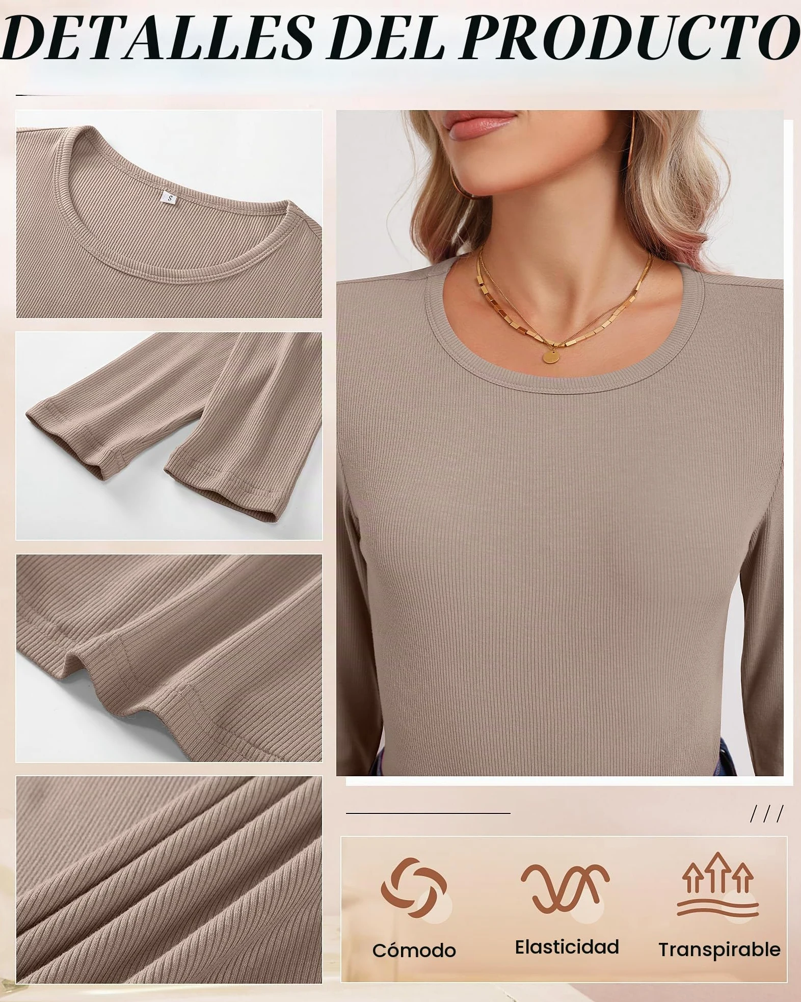 Ficerd Paquete de 3 Camisetas Interiores Elásticas de Manga Larga con Cuello Redondo y Tejido Acanalado para Mujer | Camiseta interior de cuello redondo, ajustada, básica de punto, casual de verano, camiseta elástica en capas
