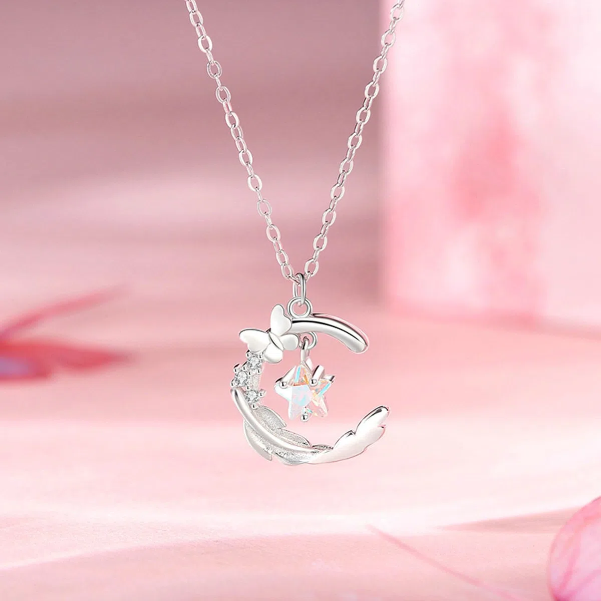 Collares de oro blanco de 9/14/18 quilates para mujer, colgante de luna, estrella de mariposa con piedra lunar, collar de moda de 40 + 5 cm