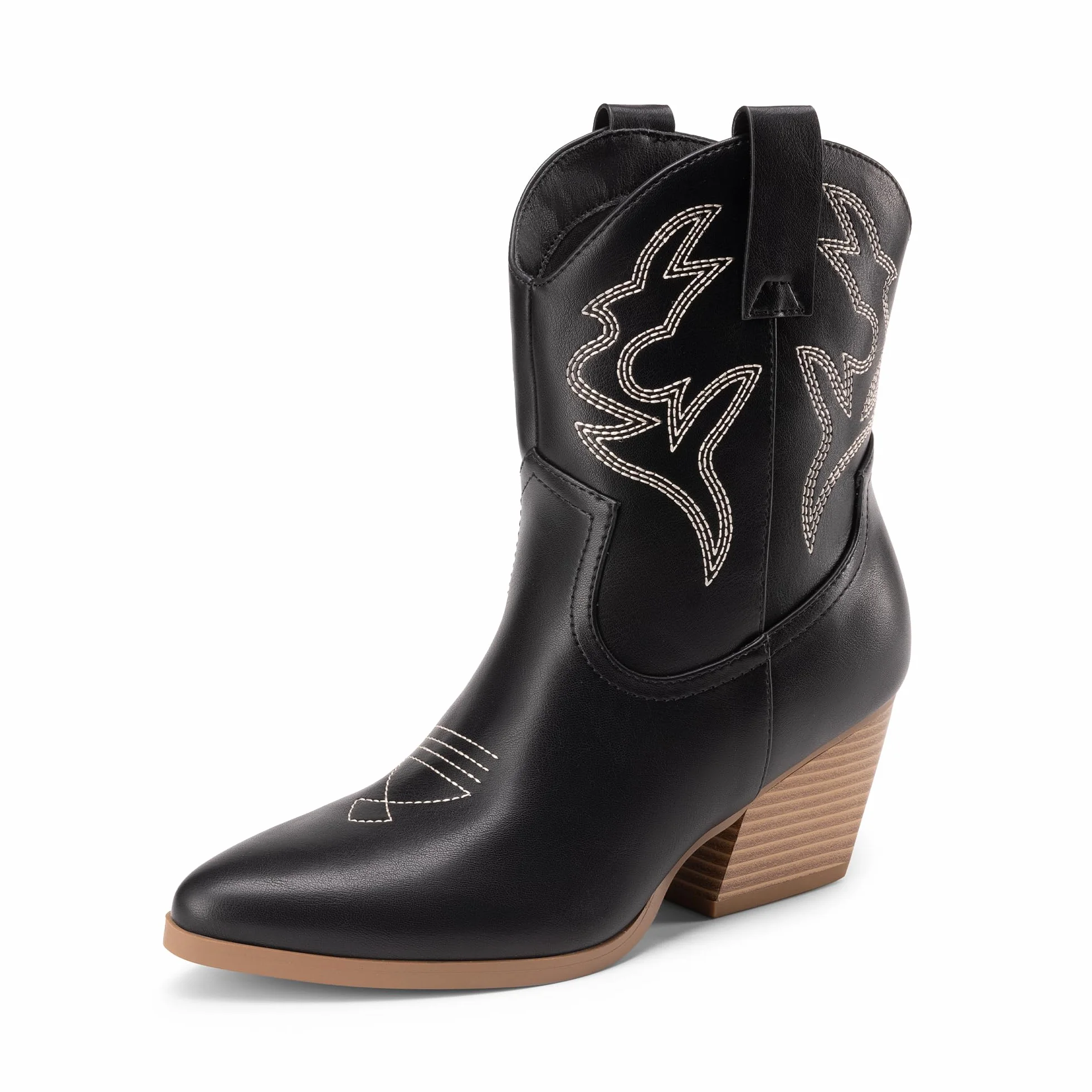 DREAM PAIRS Botas de Vaquera para Mujer, Bordadas y Cosidas, Botas Cortas Occidentales con Tacón Bajo y Punta Afilada, Botines Hasta ei Tobillo