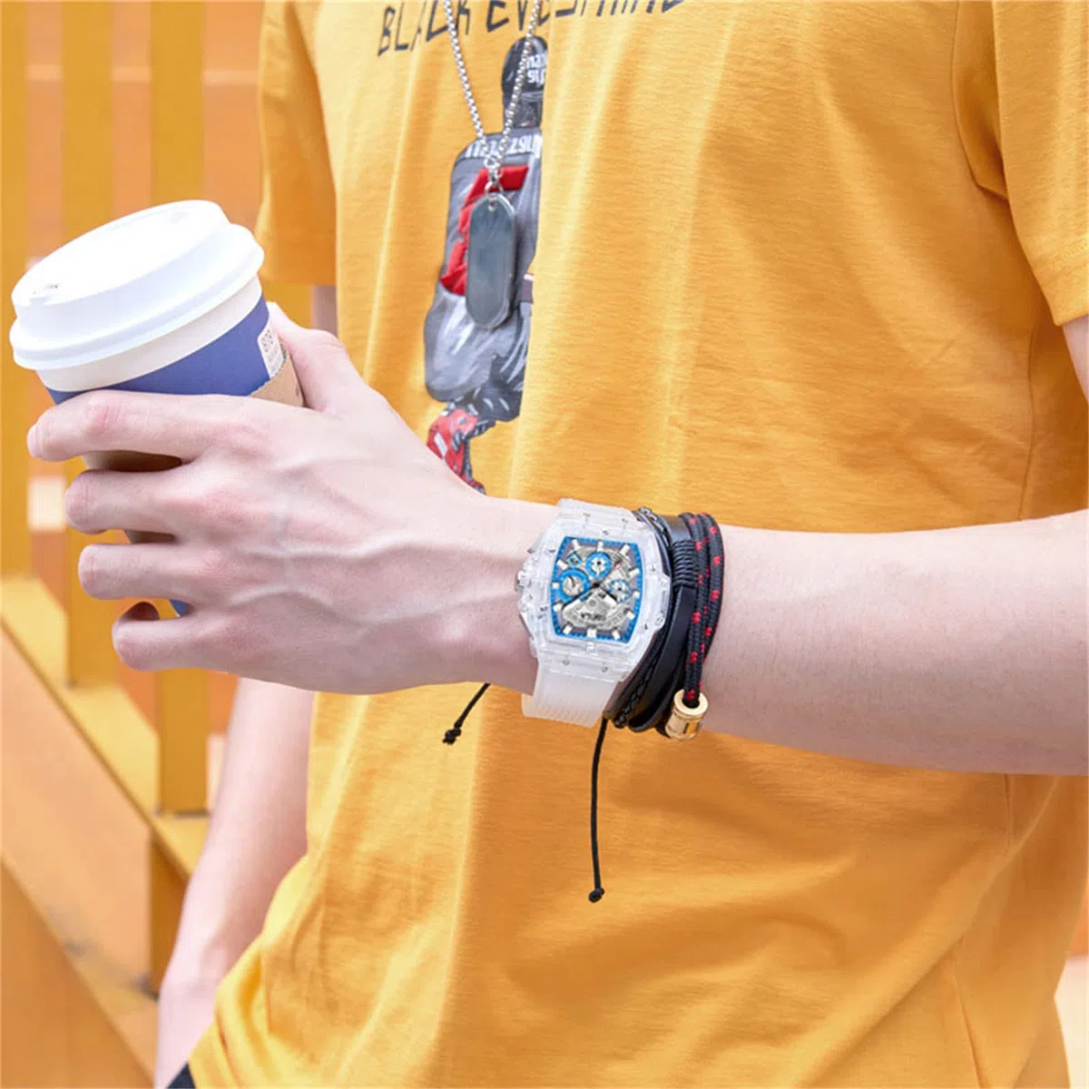 Relojes de cuarzo para hombre, cronógrafo analógico, esqueleto, rectángulo, esfera grande, reloj de moda para hombre, con correa de silicona, casual de negocios, Todo azul.