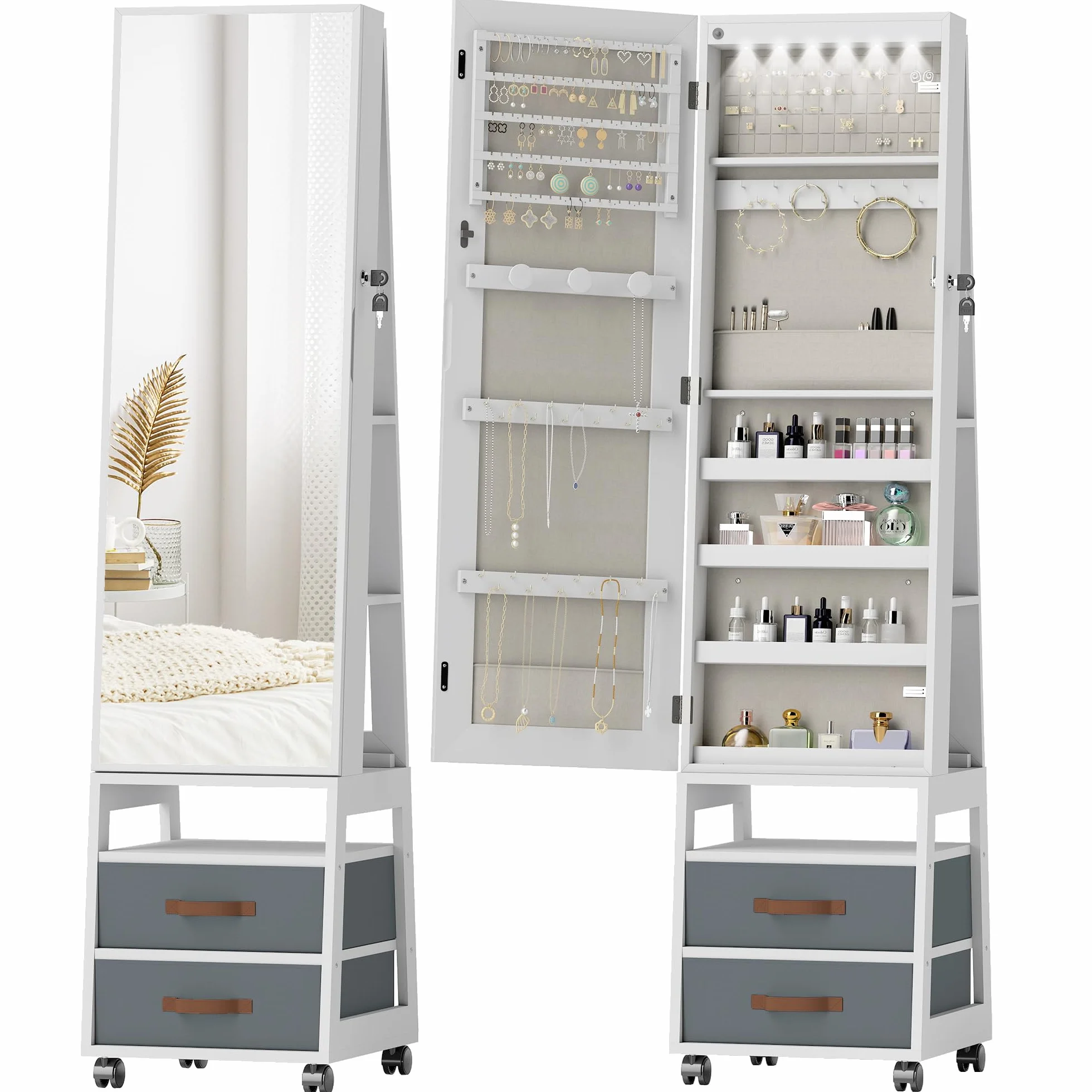 HOMCOM Espejo Joyero con Luces LED Interior, Armario para Joyas con Ruedas, Armario Joyero con Espejo Entero, Giratorio de 360°, Estantes Abiertos, Cajones de Tela, Blanco y Forro Crema