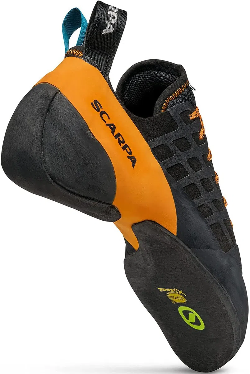 SCARPA Instinct - Zapatos de escalada con encaje para escalada deportiva y boulder, Negro/Naranja, 9-9.5 Women/8-8.5 Men