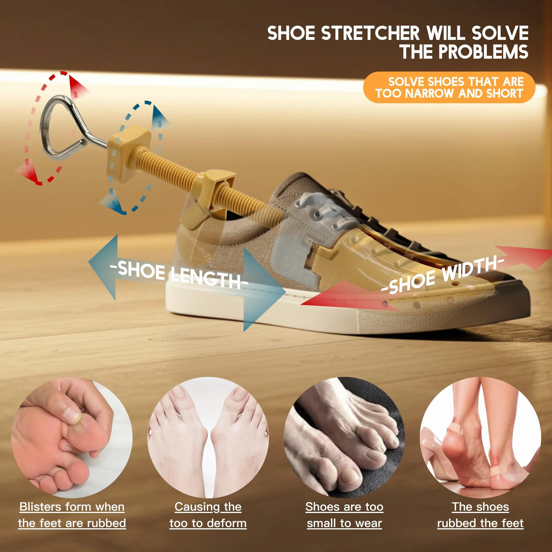JJDPARTS Estirador de zapatos para mujeres y hombres, par de expansores de zapatos de 4 vías, longitud y ancho ajustables