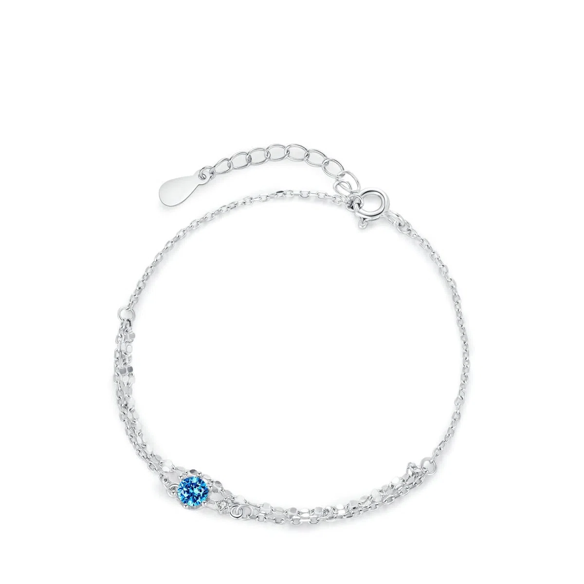 Pulseras Oro Blanco 9K / 14K / 18K Mujer, Cadena Doble Capa con Topacio y Moissanita, Cadena Extensible 16 CM + 5 CM, Pulsera de Mujer Plata Azul