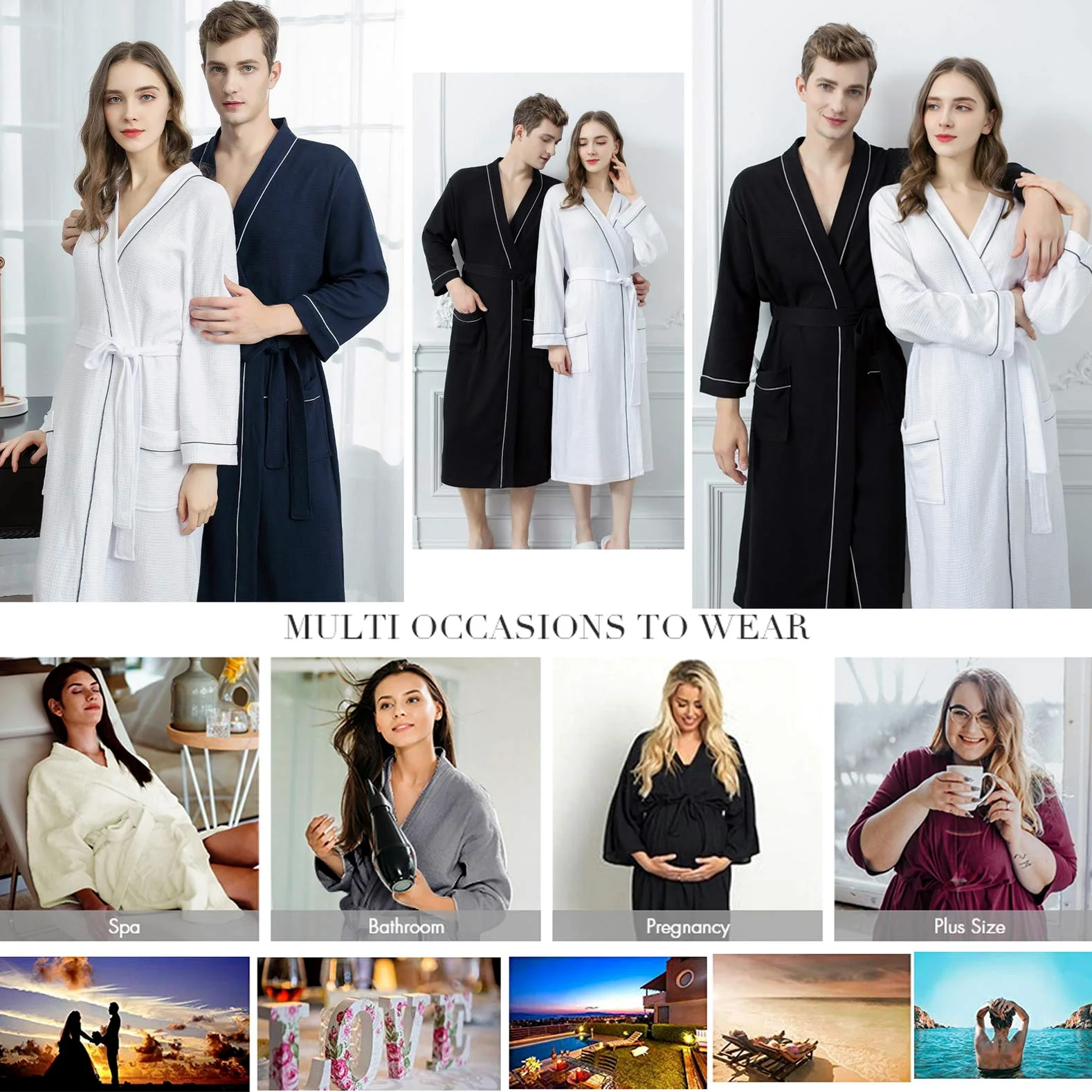 Albornoz de algodón de punto, kimono largo, con bolsillos para hombres y mujeres, spa y piscina de hotel