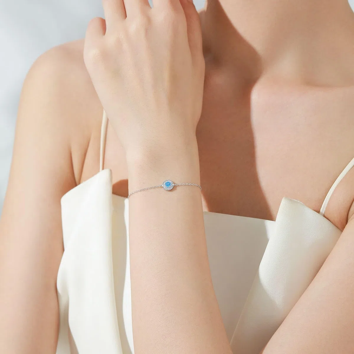 KnSam Pulsera de plata auténtica Au 375/585/750, oro blanco, pulsera para mujer, clásica, círculo con aguamarina azul claro, brazaletes de laboratorio creado con diamante blanco 9 K/14 K/18 K