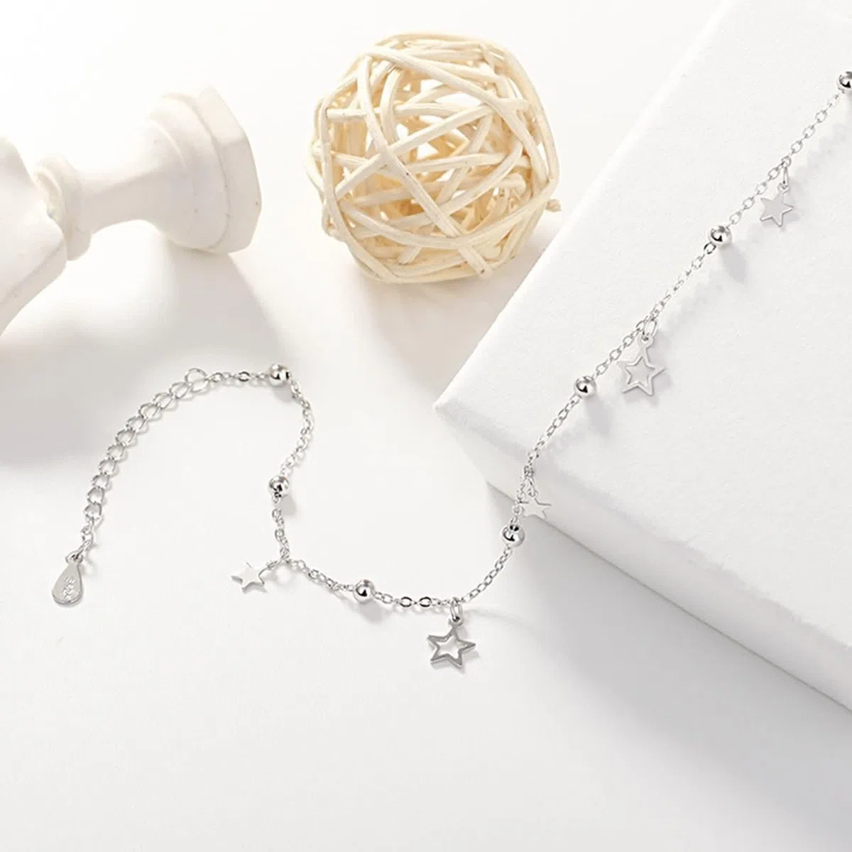 Tobillera Boho Au585 de oro blanco, 14 quilates con estrella para mujer, pulseras para niñas y mujeres, 23 cm de longitud