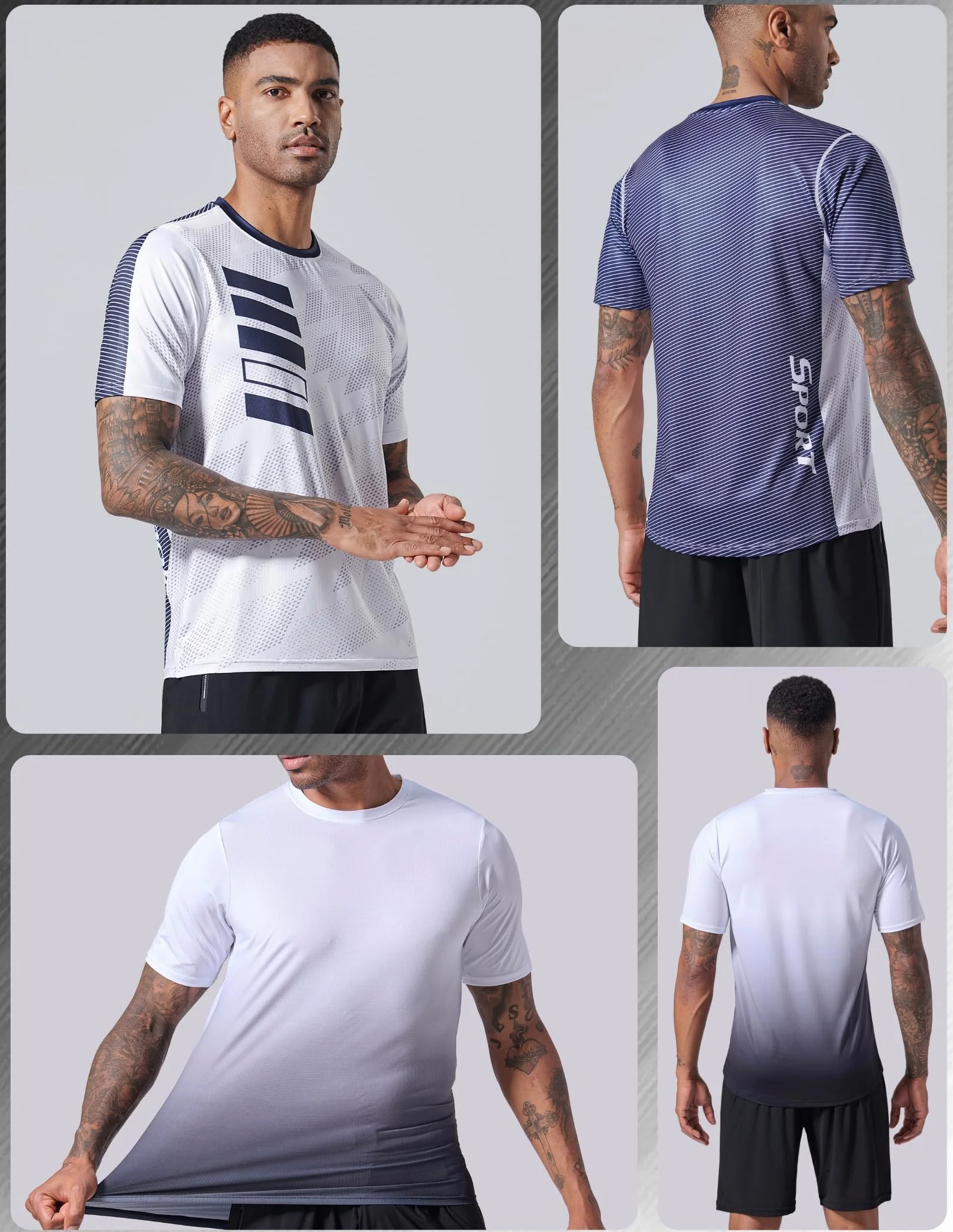 Pack de 5 camisetas de cuello redondo y manga corta para hombre, de secado rápido, para correr, gimnasio o entrenamiento, Blanco, Large
