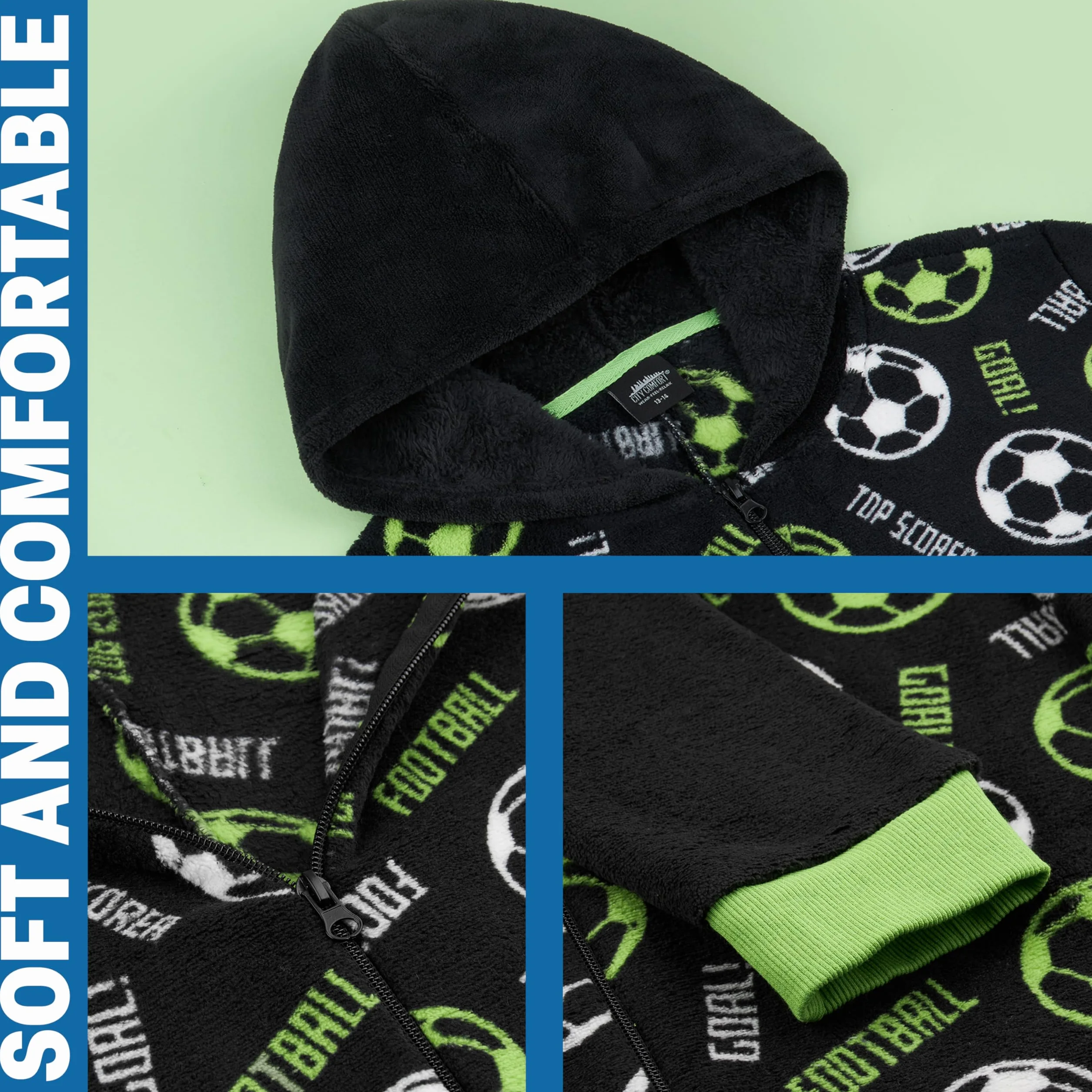 Pijama Niño Entero Cremallera Ropa de Dormir Adolescentes Mono Cálido Fútbol Videojuegos Capucha