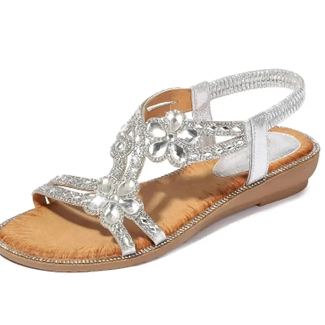 Sandalias de gladiador con banda elástica para mujer, correa delantera y trasera, tacón de cuña, parte superior de poliuretano, bohemio, floral, casual