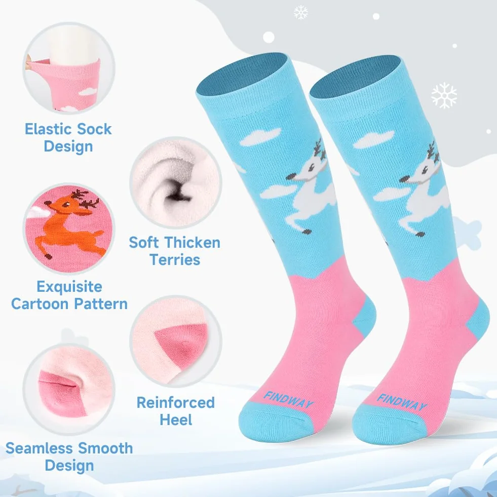 Findway Calcetines de Esquí para Niños,Calcetines Térmicos Niños Niñas 85% Algodón Calcetines de Nieve Suaves Transpirables Calcetines de Esquí de Invierno para Patinaje Snowboard,2 Pares/3 Pares