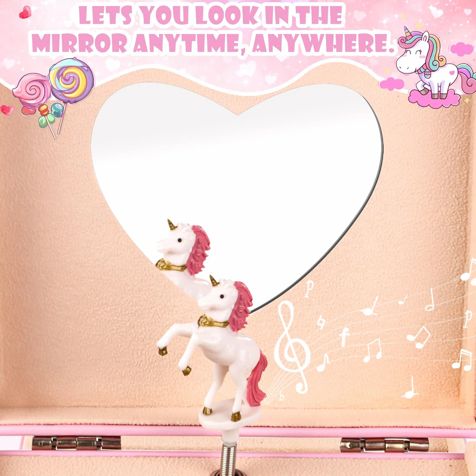 RISVOWO Cajas de Música con Unicornio Giratorio y Espejo, Joyero Musical para Niña, Regalo 2-9 Años