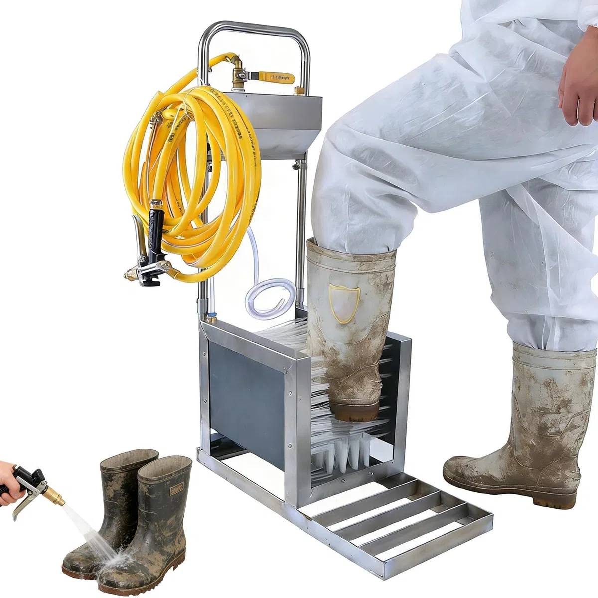 Limpiador de botas y raspador con spray de agua, limpieza de 360 grados para eliminar el barro