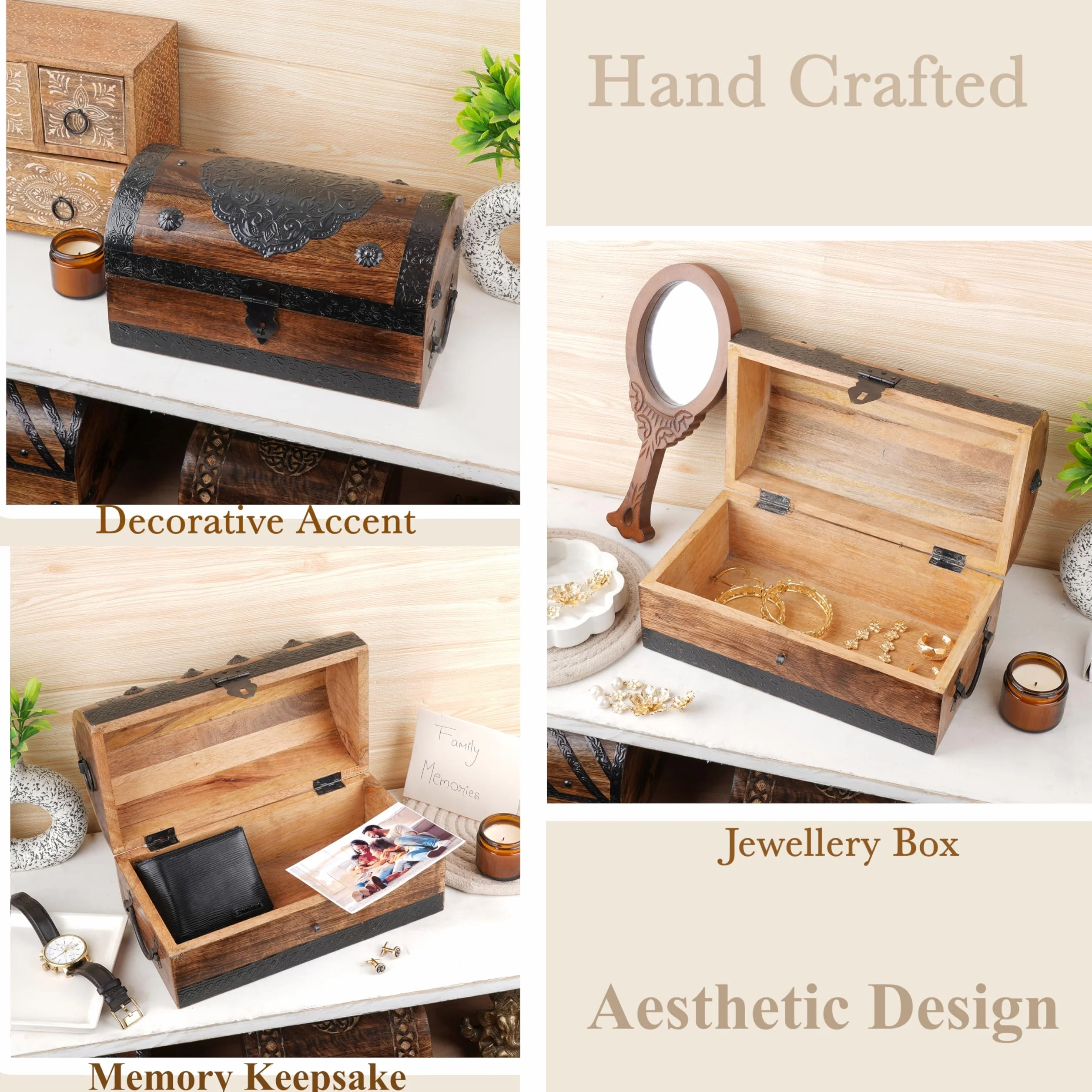 Cofre del Tesoro Pirata de Madera de Mango Hecho a Mano, Caja Decorativa Vintage 28 x 15 x 15 cm