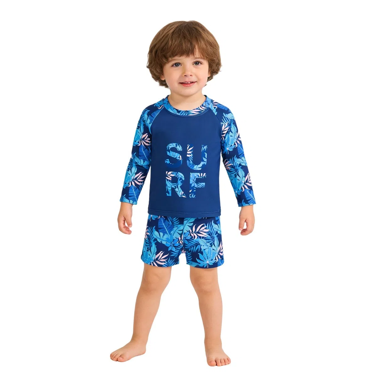 Generisch Bañador de playa para niños con mangas largas y bañador con protección solar UPF 50+, traje de baño de dos piezas con estampado de letras de hoja de arce