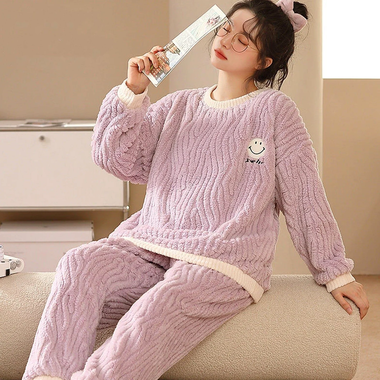 TOBILE Pijama de franela de invierno para mujer, conjunto de pijama de felpa jacquard cálido grueso para el hogar, pantalones de dos piezas, pijama 9904, M