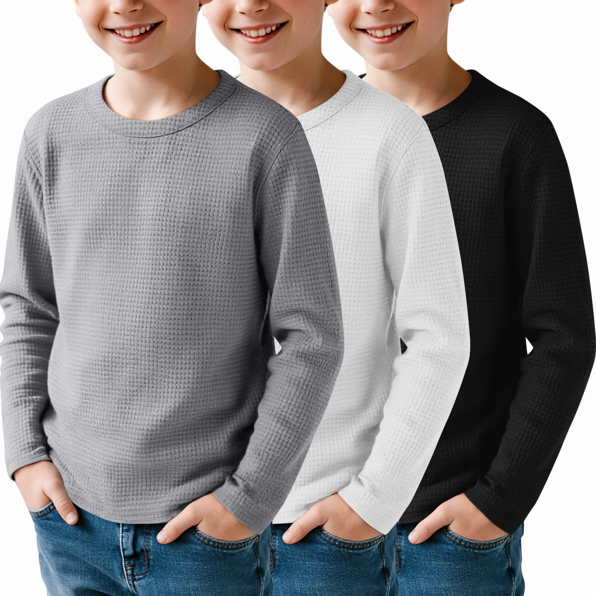Clabby Pack de 3 Camisetas de Manga Larga Tipo gofre para niños de 5 a 14 años, Camisetas térmicas básicas para jóvenes