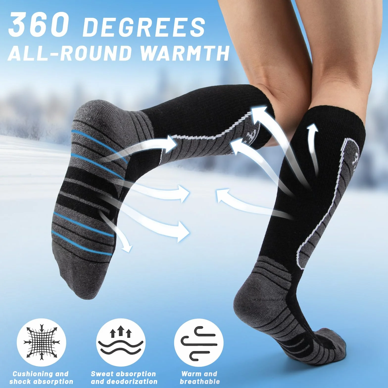 2 Pares Calcetines Esqui Lana Merino, Calcetines de Esquí Hombre para Esquiar, Snowboard y Deportes de Invierno al Aire Libre