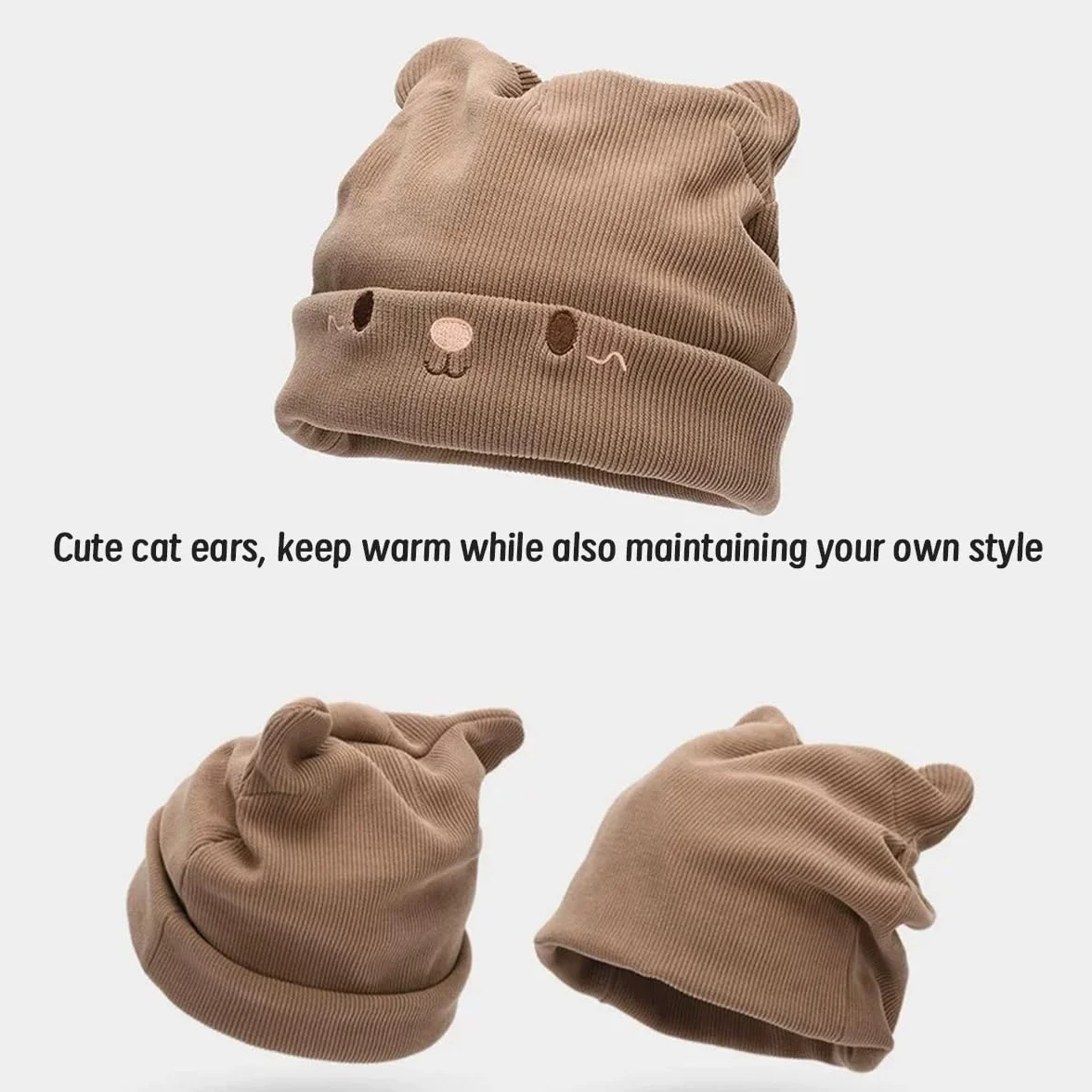 Gorros de punto para mujer de invierno forro polar, gorro fino hombre diseño orejas gato, 54-59 cm