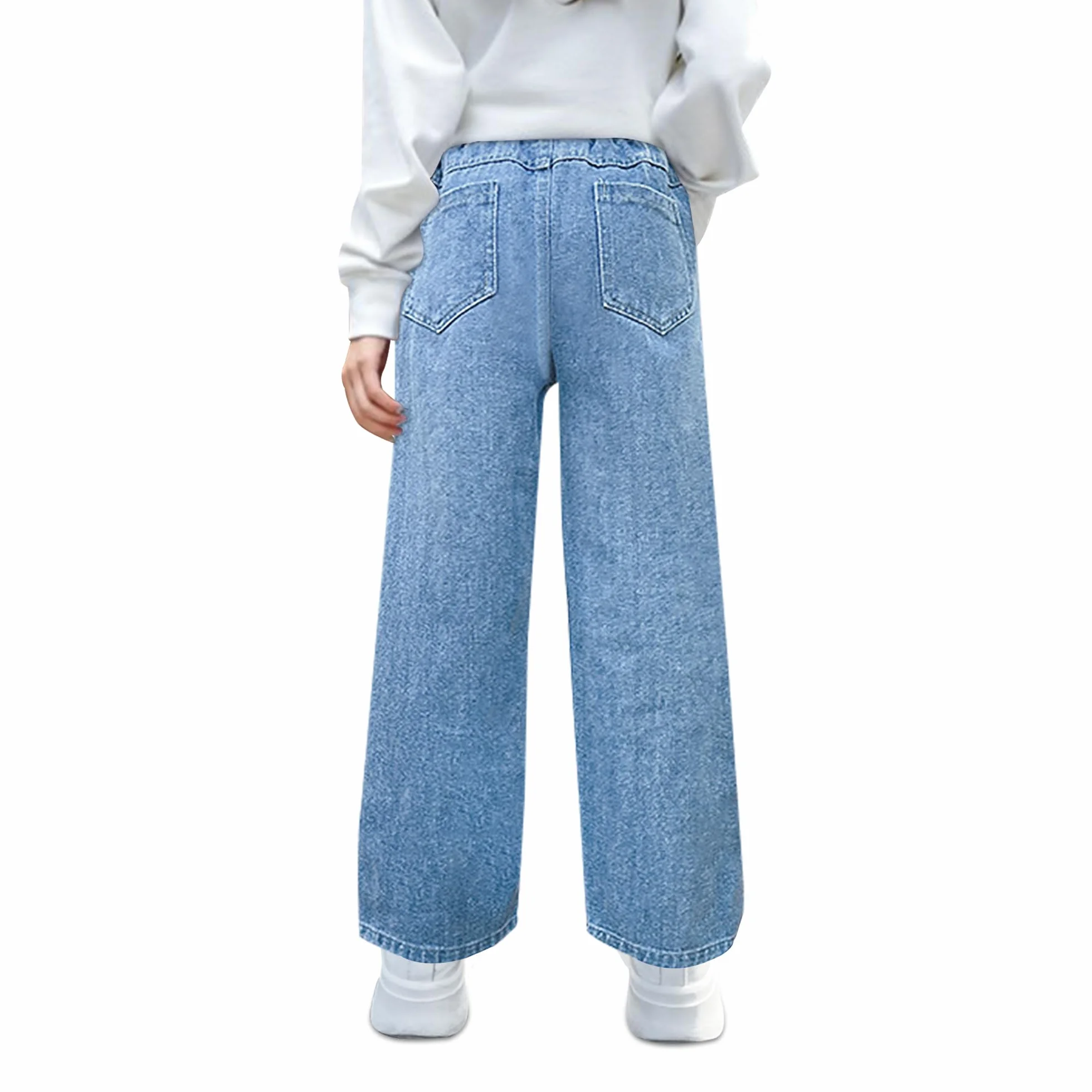 Jeans para Niñas Baggy Pierna Ancha Vaqueros Largos Stretch Denim Pantalones con Cintura Elástica Casuales Holgados Azul Pants con Bolsillos Moda Streetwear para Infantil 6-14 años