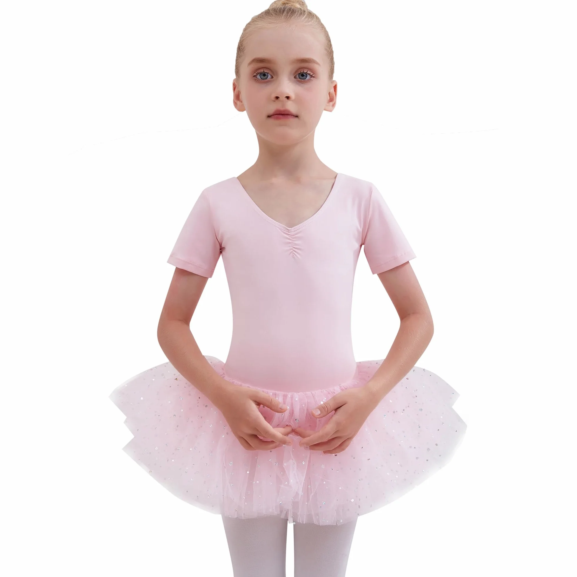 Ropa de Ballet para niñas Vestido de Ballet Maillot de ballet de algodón Manga corta Maillot de baile para niños con falda de tutú