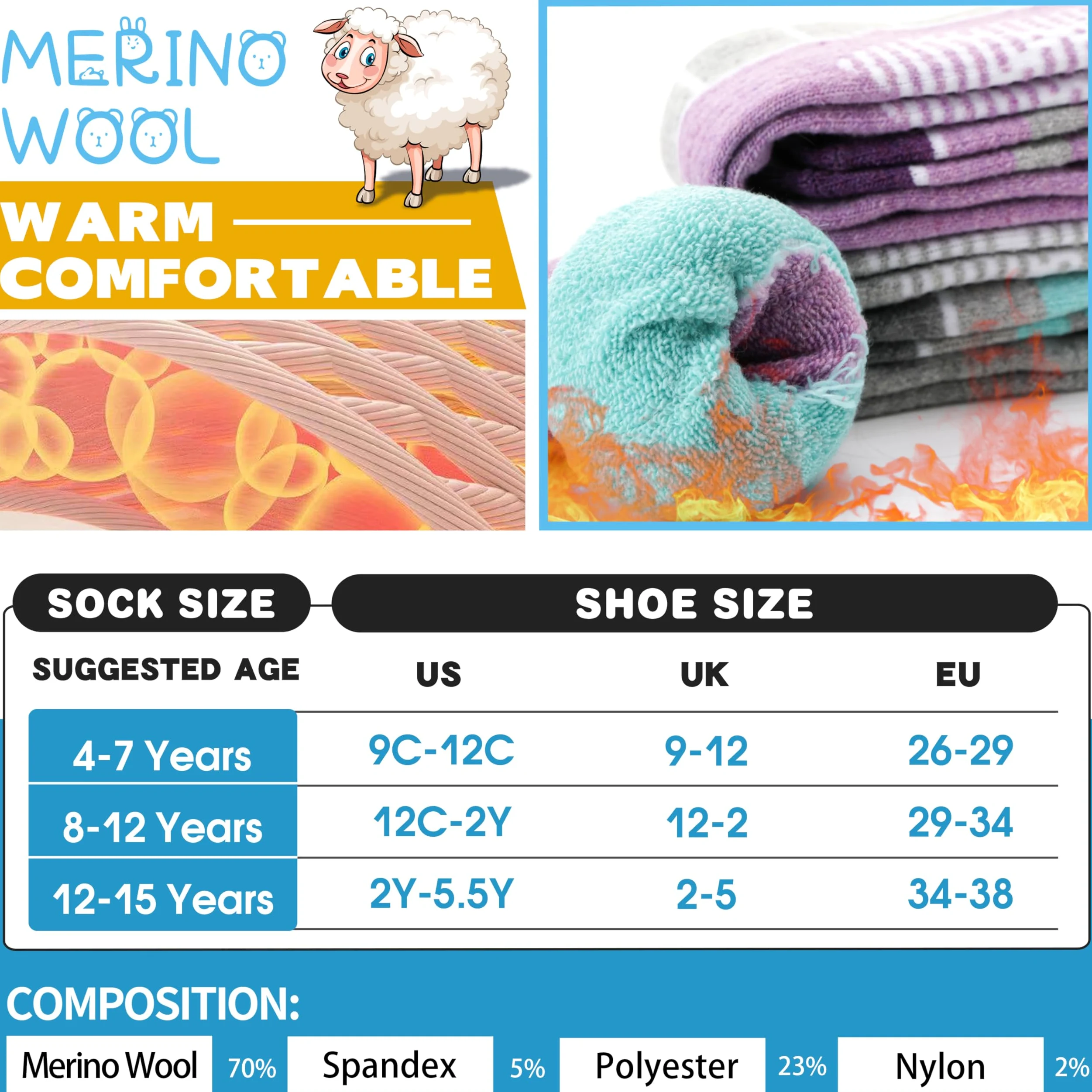 Anlisim - Calcetines de esquí de lana merina para niños, 3 pares de calcetines térmicos para invierno, cálidos y transpirables para esquí, snowboard