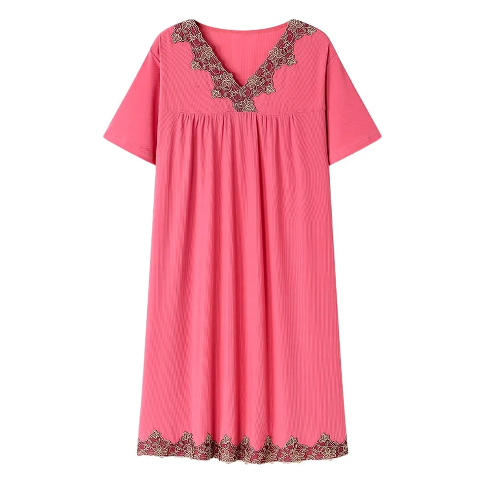 Camisón para Mujer - Vestido De Noche Elegante De Encaje para Mujer, Camisones con Cuello En V, Yardas Grandes, Camisón De Manga Corta, Ropa De Dormir Modal De Seda Helada, Verano