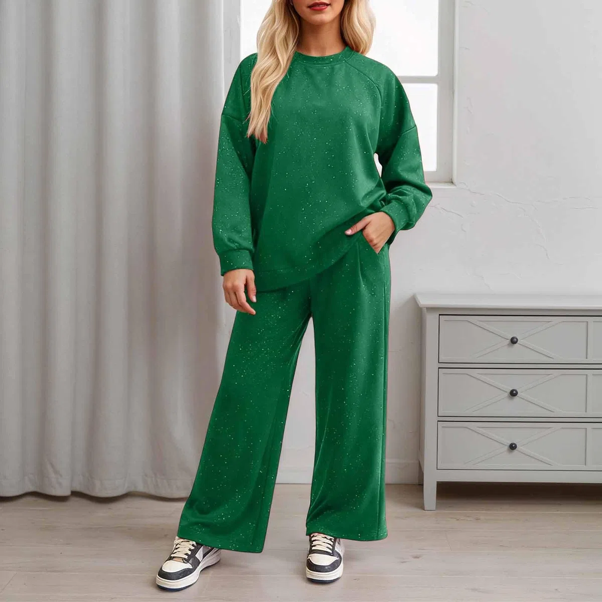 Conjunto Deportivo Mujer Color Liso Pantalón Holgado Dos Piezas Diario