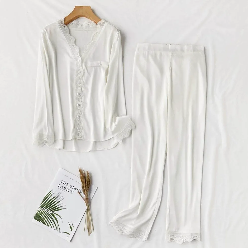 Pijamas De Mujer,Conjunto De Pijama De Satén De Seda De Hielo De 2 Piezas Elegante Con Cuello En V Ropa De Dormir Fina Con Botones Y Manga Larga De Color Puro Pantalones Comfy Loungewear Para Damas,