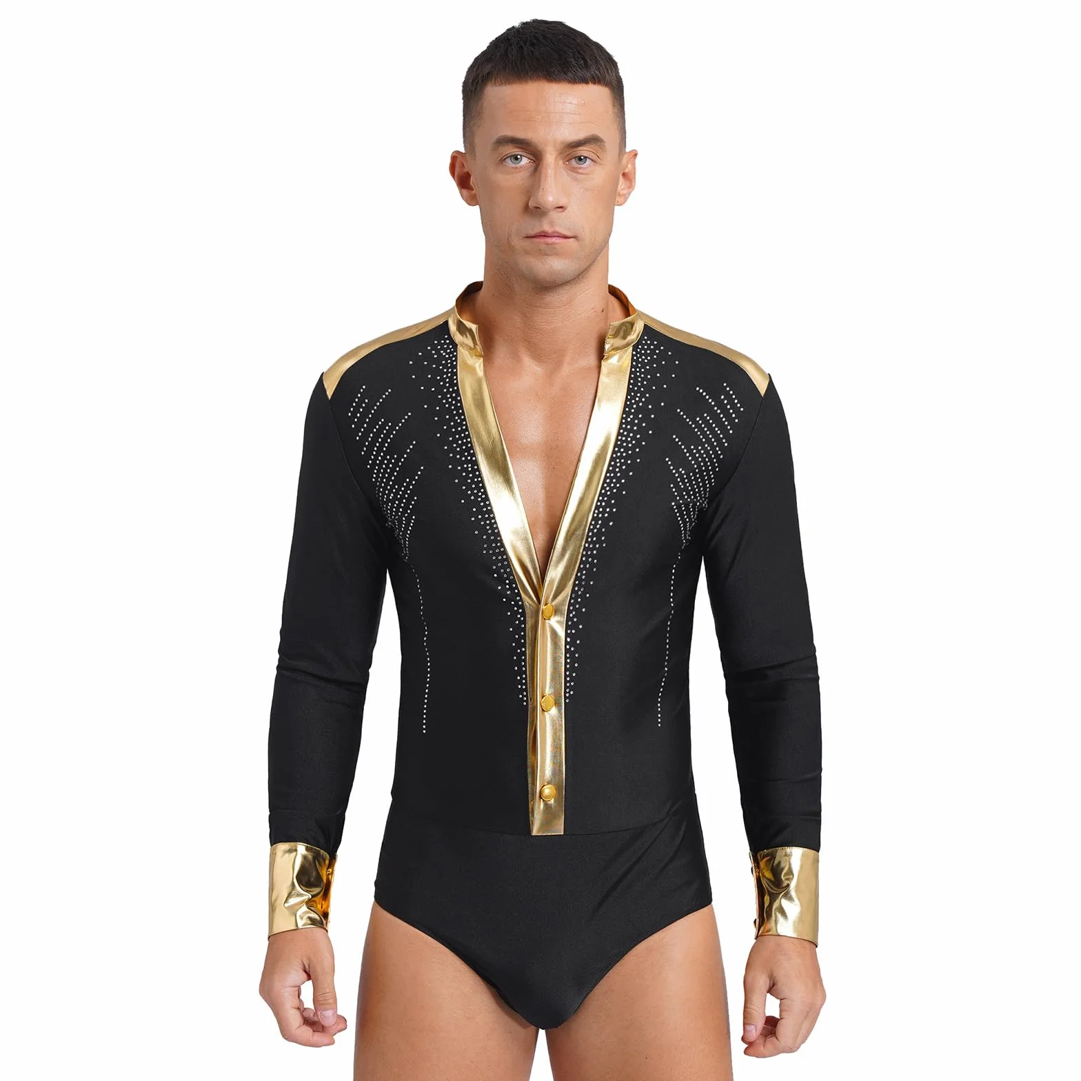 Sywiyi Camisa de baile estándar de manga larga para hombre, cuello en V, disfraz salsa cha