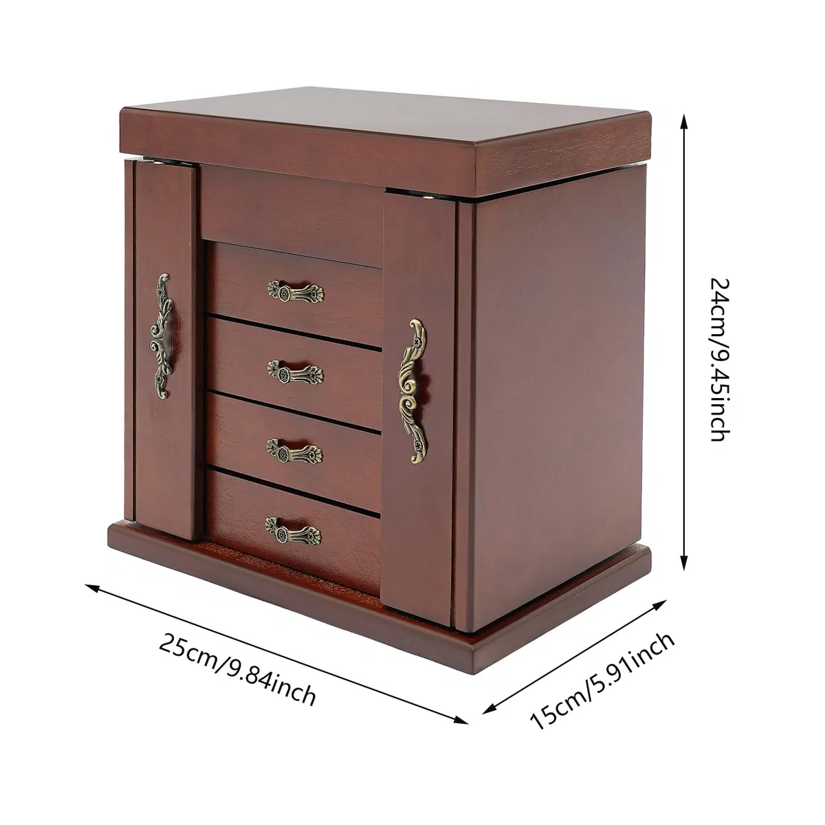 Joyero de madera grande, joyero con cajones de madera, con llave y cerradura, puertas dobles para anillos, pendientes, collares