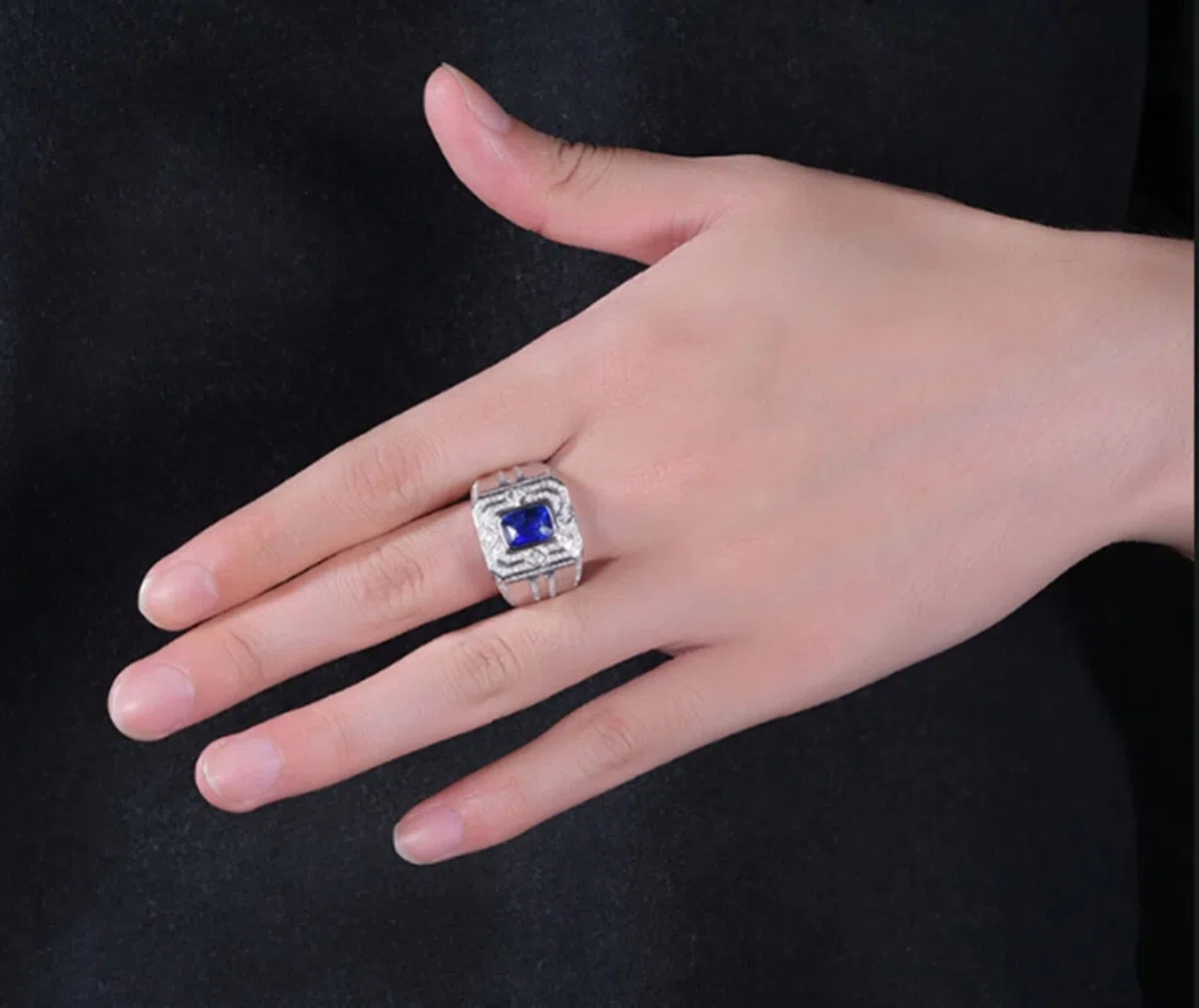 Anillo Zafiro Y Plata, Anillo Vintage Azul Oro Blanco 18K Azul Forma Rectangular Diamante Blanco para Esposo con Joyero
