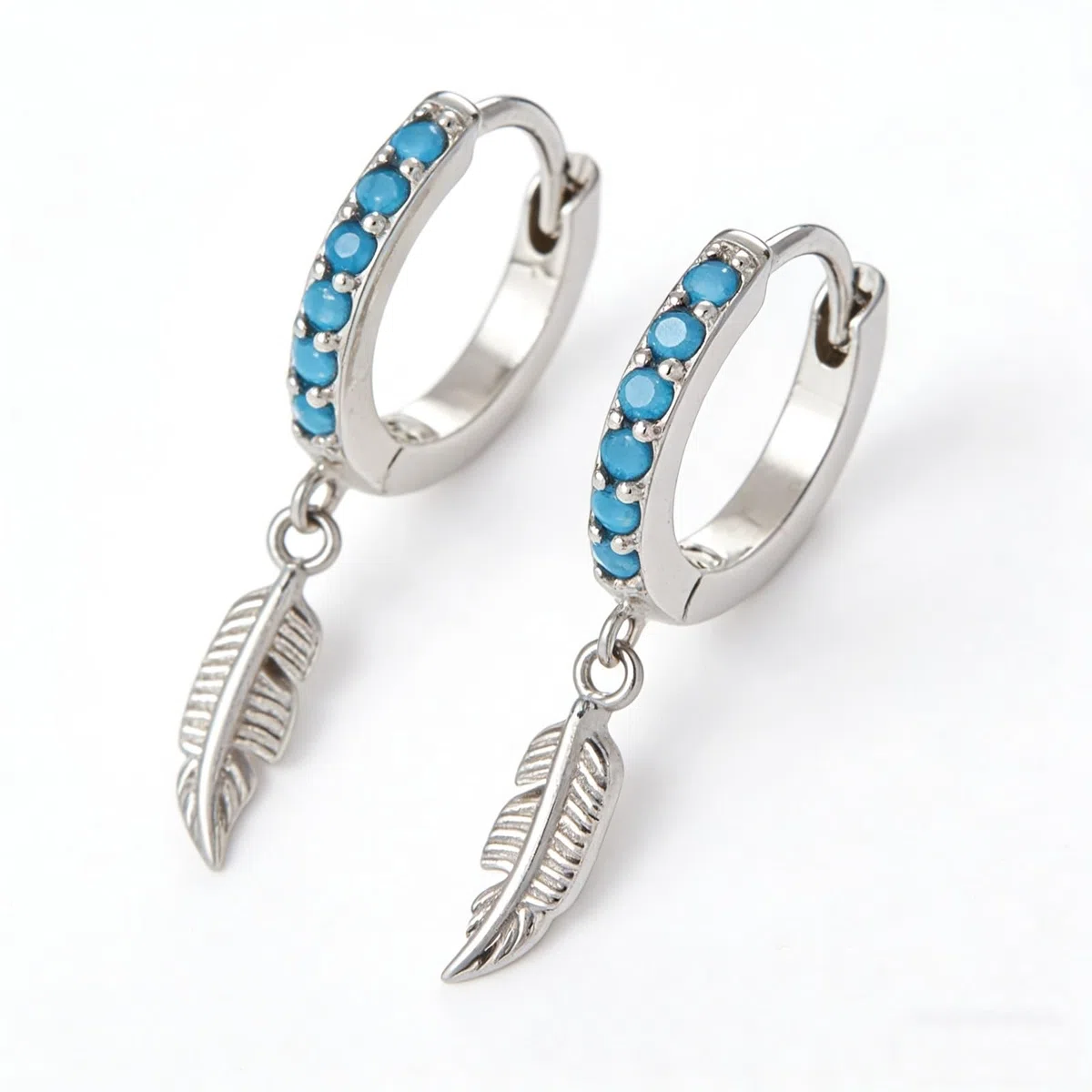 Pendientes de oro blanco de 9 K/14 K/18 K/PT950, joyas auténticas con turquesa redonda, pluma de aro