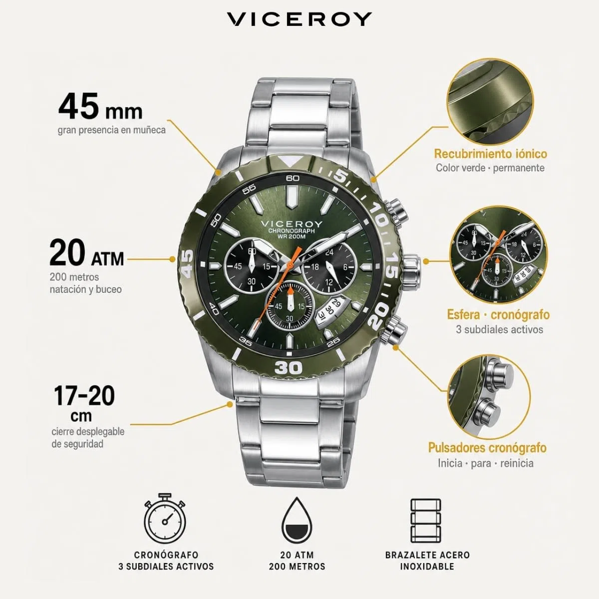 Viceroy Reloj Cronógrafo Hombre de Acero Inoxidable - 45 mm - Movimiento de Cuarzo - Caja Bitono - Acabado Dorado - 401457