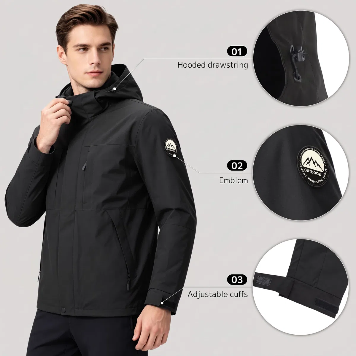 Chaqueta Repelente al Agua Hombre Doble Capa Cortavientos Ligero Abrigo Senderismo Capucha Desmontable