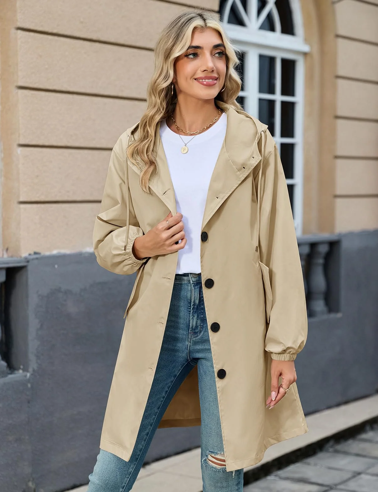 Vancavoo Gabardinas de Mujer Abrigo Largo Trench Coat Cortavientos Primavera Chaqueta con Capucha