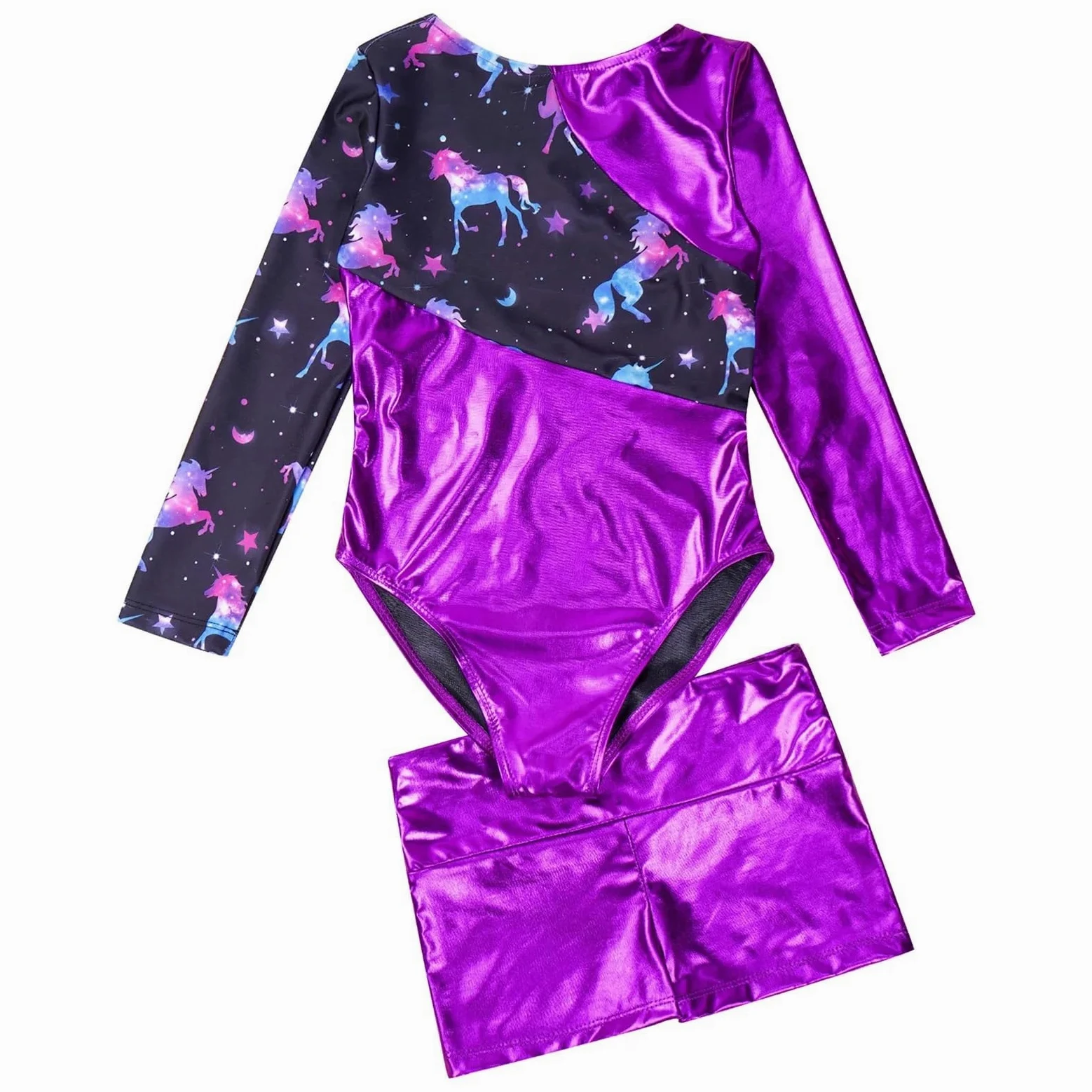 Maillot Gimnasia Ritmica Body de Leotardos de gimnasia for niñas, conjunto de baile de Ballet de manga larga bronceado, mono de entrenamiento de patinaje artístico con pantalones cortos(Blue,6)