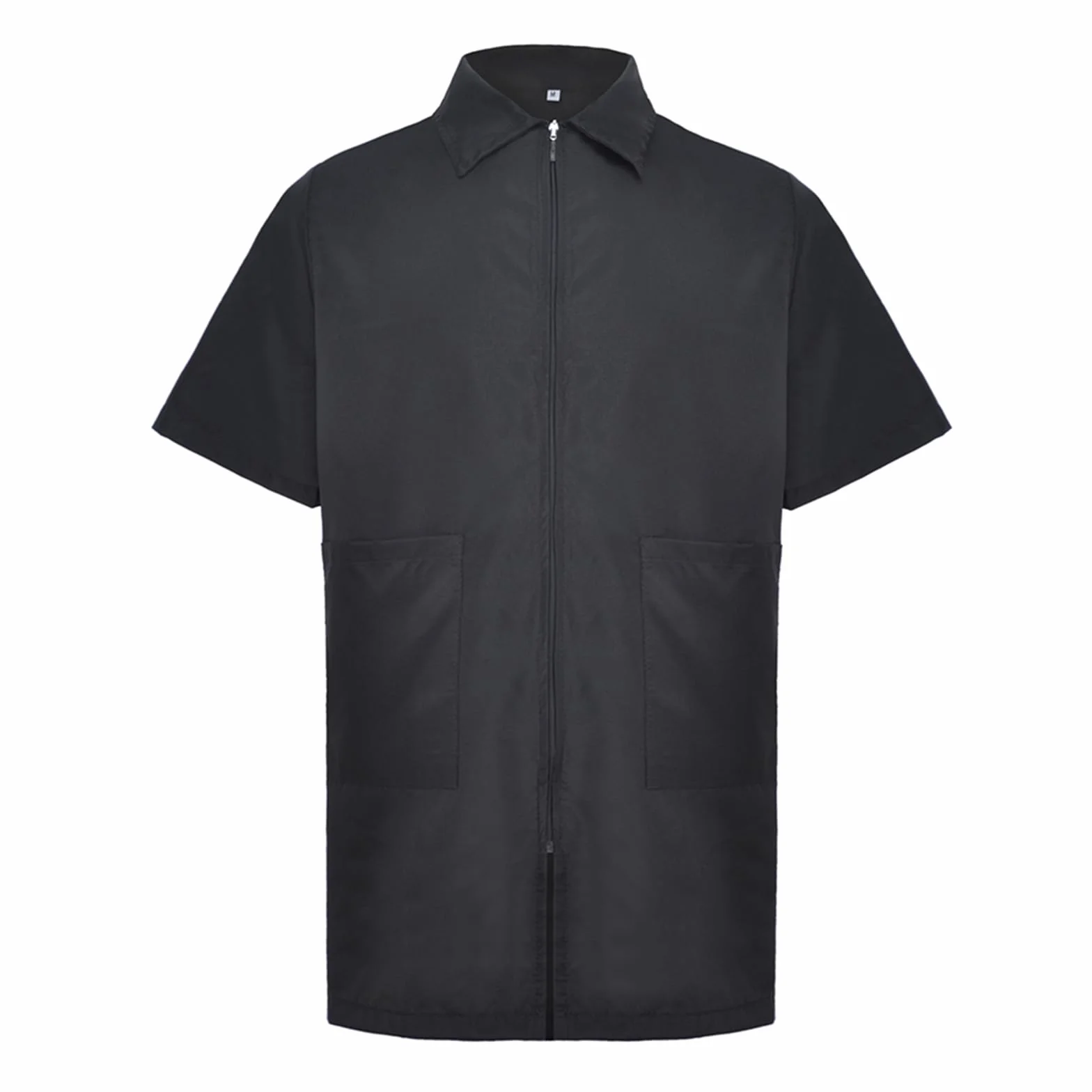 TOPTIE Chaqueta de Barbero Manga Corta Hombre Ropa Trabajo Uniformes Peluquería Camisa Negra Cremallera Bolsillos Corte Holgado