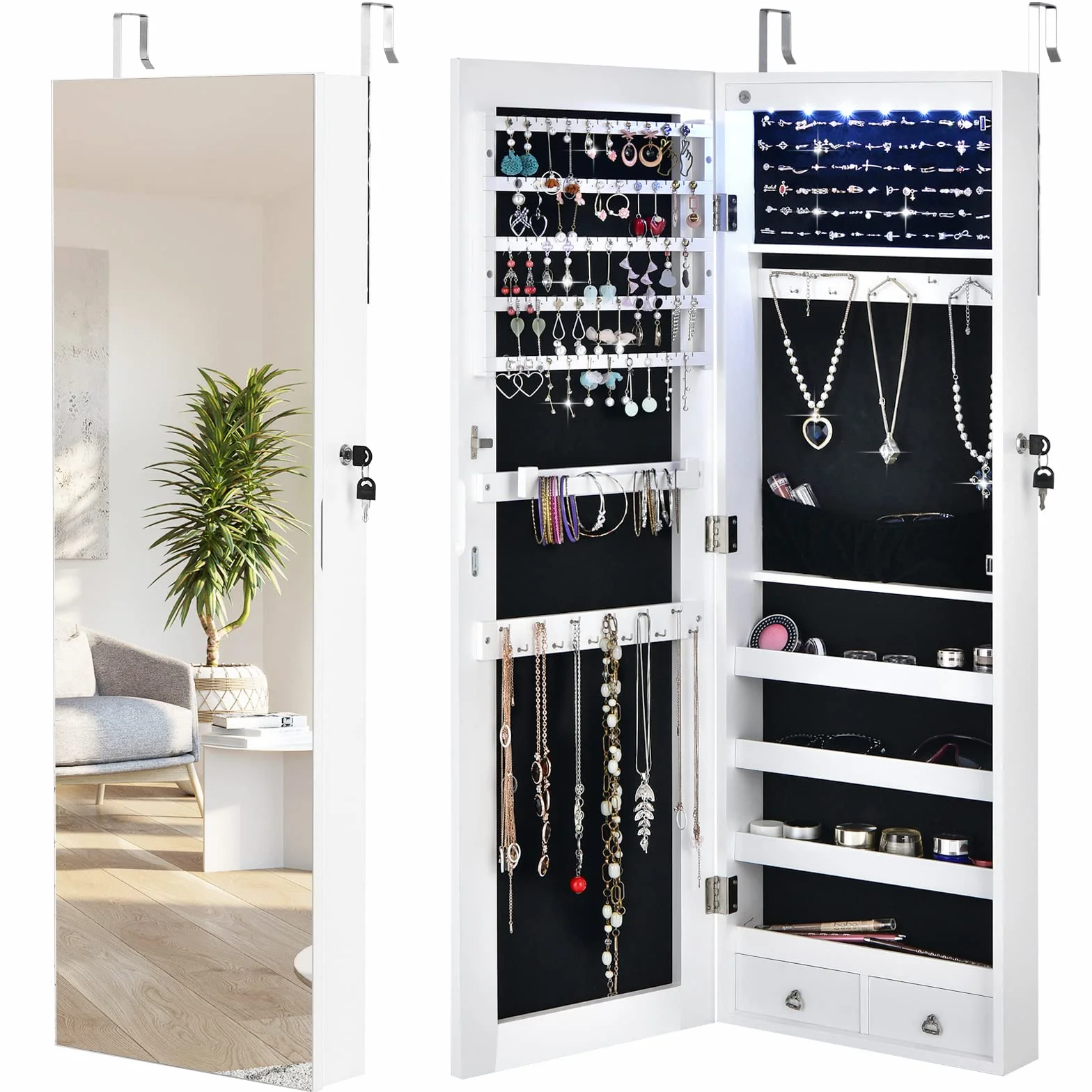 COSTWAY Armario con Espejo Joyero, Puerta LED y 2 Cajones, Cuerpo Entero para Dormitorio (Blanco)