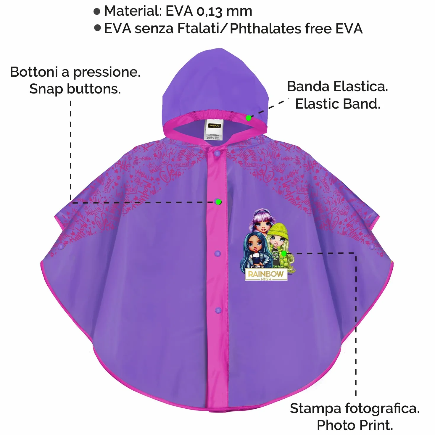 PERLETTI Poncho Niña para Lluvia Rainbow High 3 4 5 6 años - Chubasquero Infantil Muñecas de Color Violeta y Detalles Fucsia - Impermeable para Pequeñas con Capucha y Botones a Presión