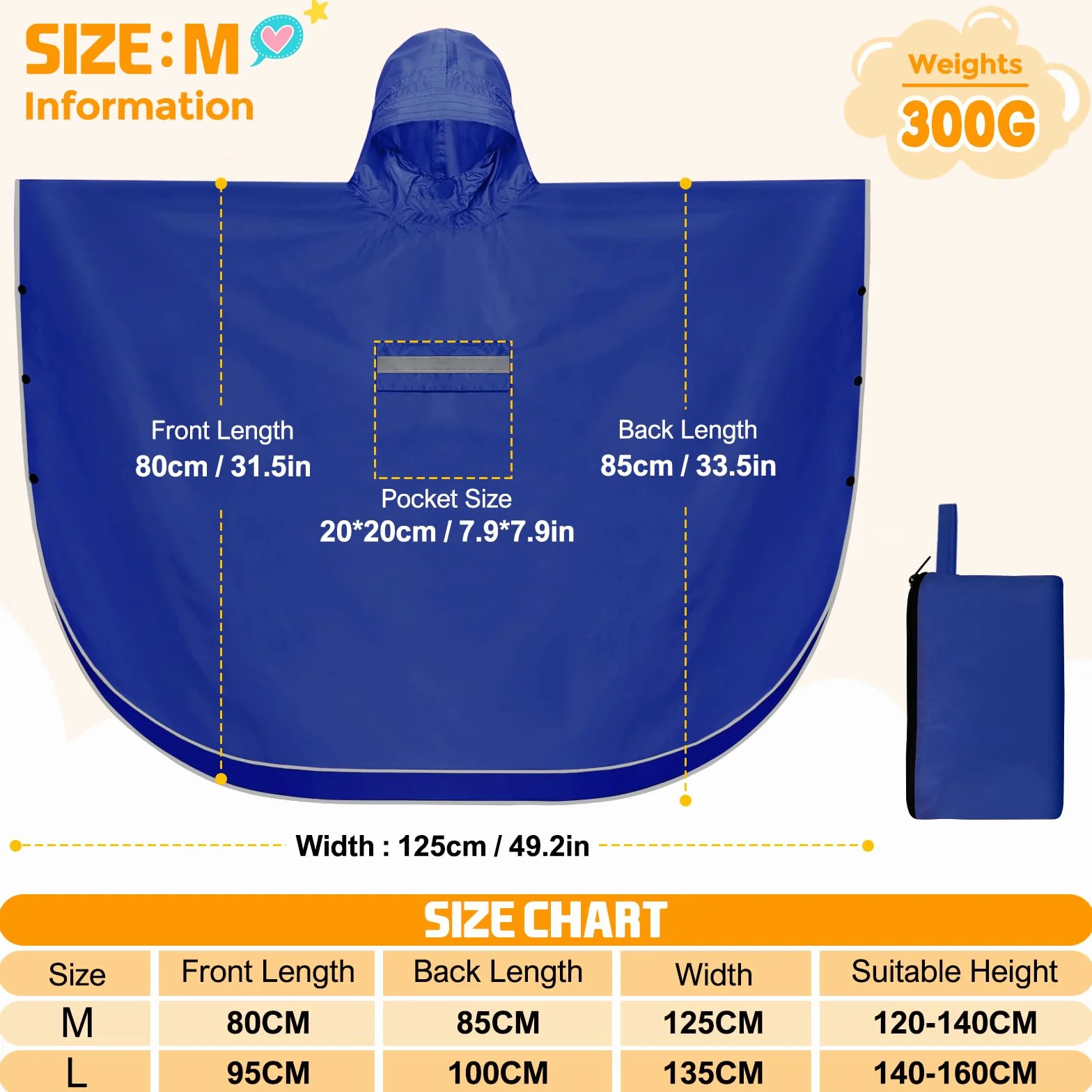 Poncho Impermeable Niño Rayas Reflectantes 120-140 cm Unisex