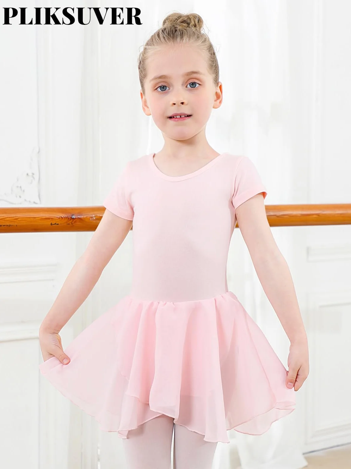 Vestido de Ballet para Niñas Manga Corta Maillot de Danza con Falda de Gasa
