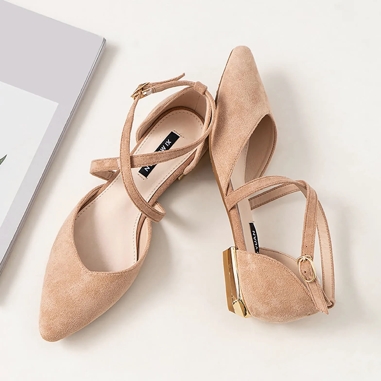 Genérico Sandalias Planas Mujer Verano Cómodas Zapatos de Nuevas Sandalias de Tacón Medio Para Mujer Con Tacón Bajo En Punta Y Hebilla Ante Profunda Comodas Vestir