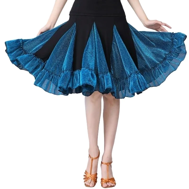 Falda de Baile Latino Falda Femenina Ropa de práctica de Baile for Adultos Falda de Baile Falda Corta Falda de Gran Vuelo(Blueblack,XL)