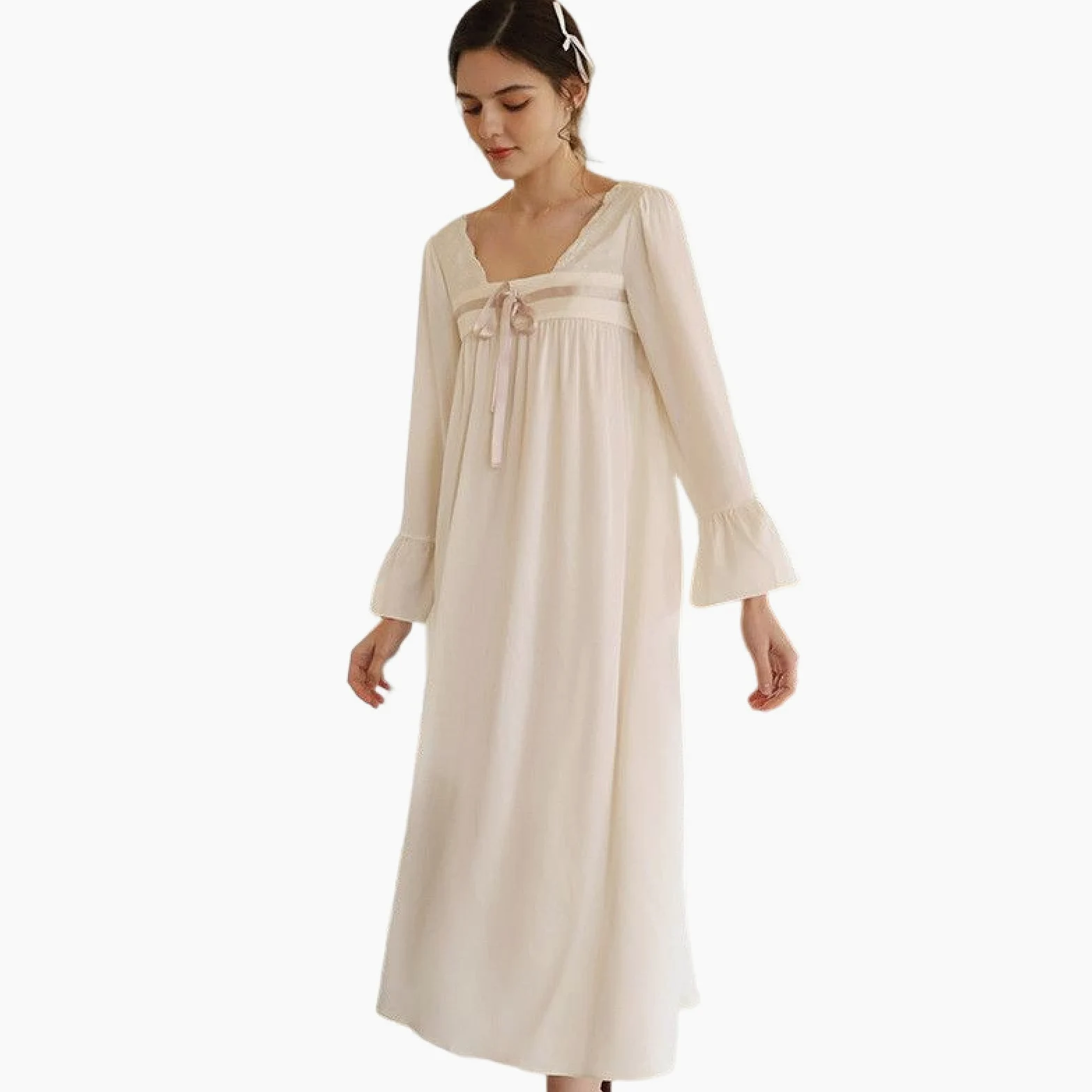 OFFSUM Camisón De Pijama De Mujer - Primavera Verano Cuello Cuadrado Satén Camisón Elegante Bowknot Dulce Vestido Estilo Chino Color Sólido Camisón Ropa