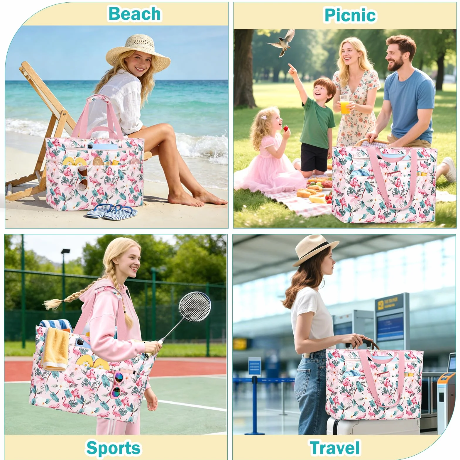 Bolsa Playa Mujer Grande Xxl Familiar Bolsos Playa Con Cremallera Beach Bag Plegable Bolsa Viaje Ligero Tote Bag Mujer Para Playa, Viajes, Picnic. 50L