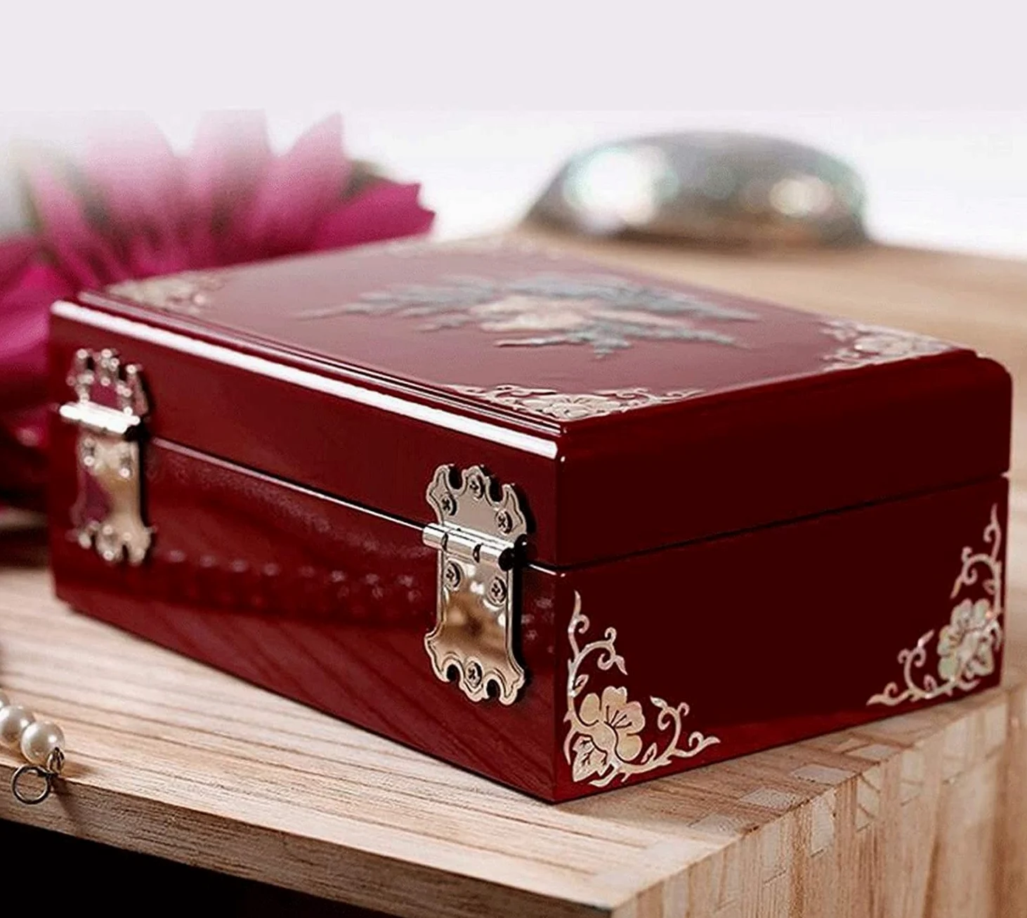 Estuche para Joyas, Expositor y Organizador de Madera Maciza para pequeños Objetos como Anillos, Pendientes y Collares (Blanco 16 x 11 x 7 cm) (Rojo 16 x 11 x 7 cm)