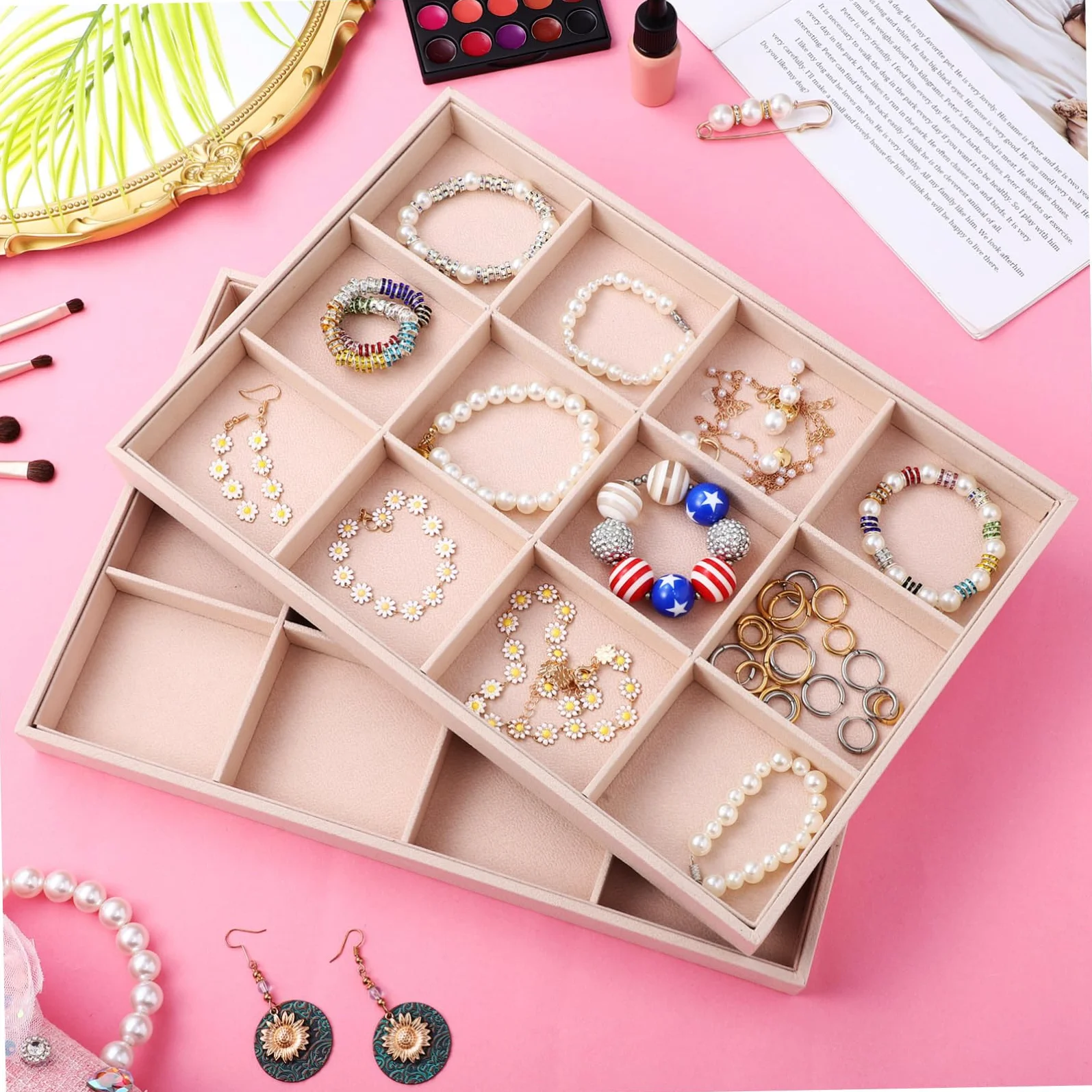 COLLBATH Bandejas para Joyas Terciopelo 12 Compartimentos Organizador de Joyería para Collares y Anillos Uso Personal y Exhibición 2 Unidades Apilables