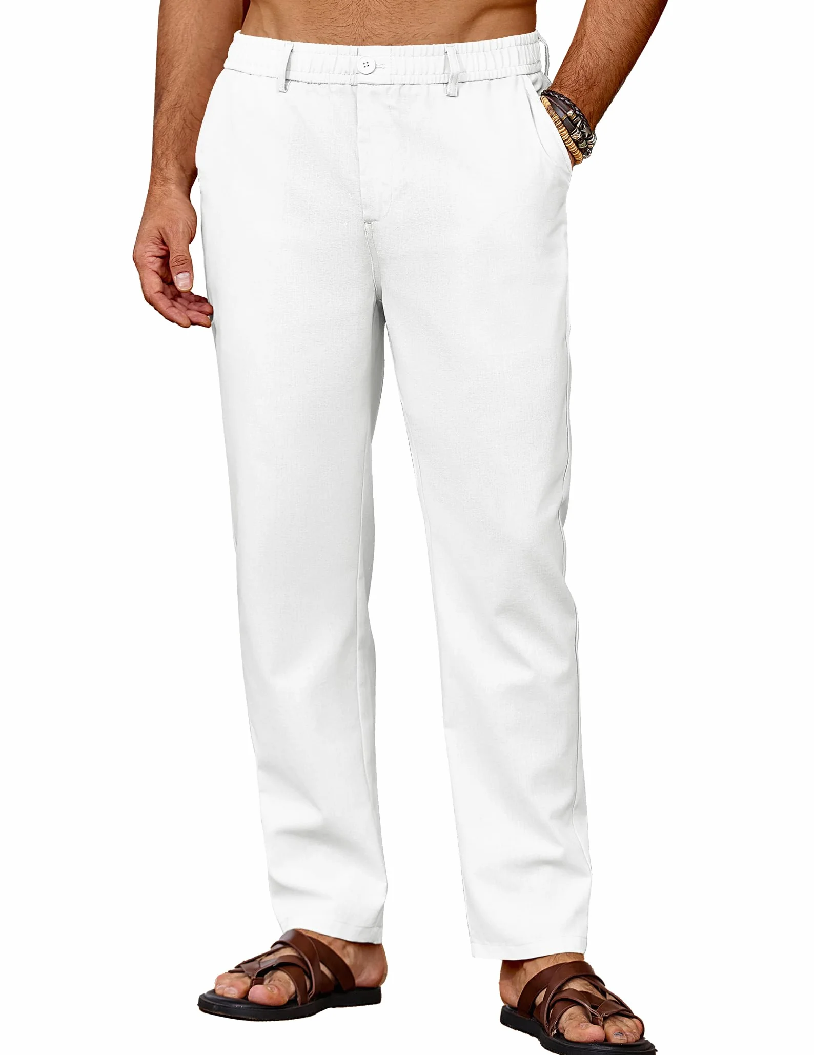 COOFANDY Pantalones Lino Hombre Pantalones Largos de Verano Ligeros con Bolsillos Cintura Elástica Cordón