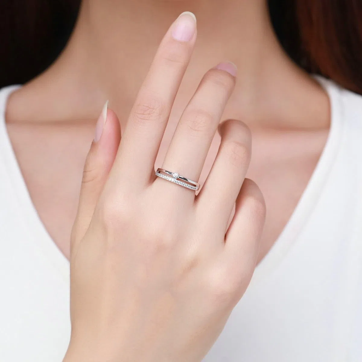 Anillo de oro blanco 9 K/14 K, alianzas de compromiso redondo con moissanita blanca promesa regalos para mujer